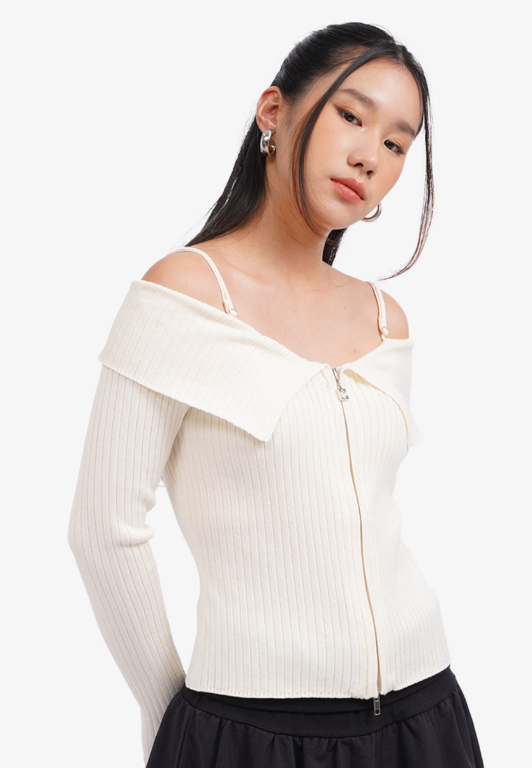 Off Shoulder Zipped Long Sleeve Top Off White
