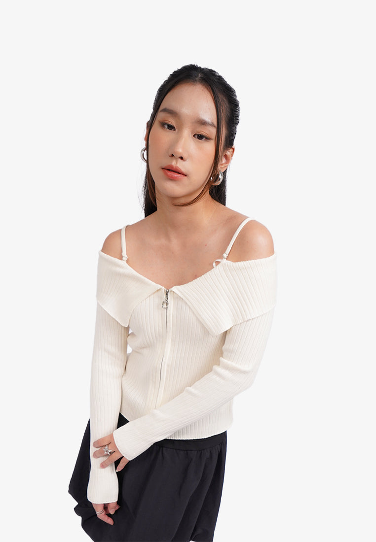 Off Shoulder Zipped Long Sleeve Top Off White