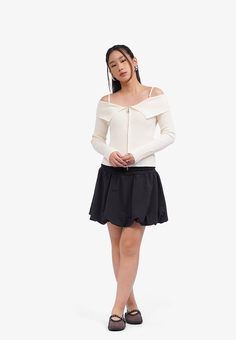 Off Shoulder Zipped Long Sleeve Top Off White