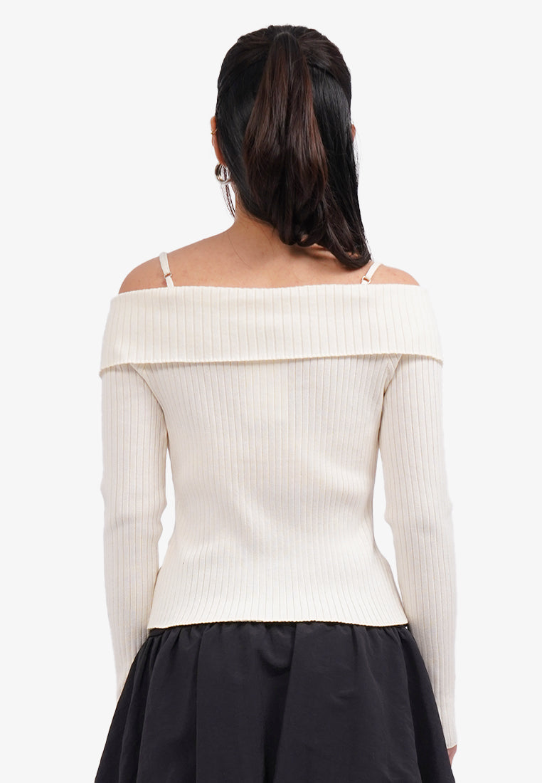 Off Shoulder Zipped Long Sleeve Top Off White