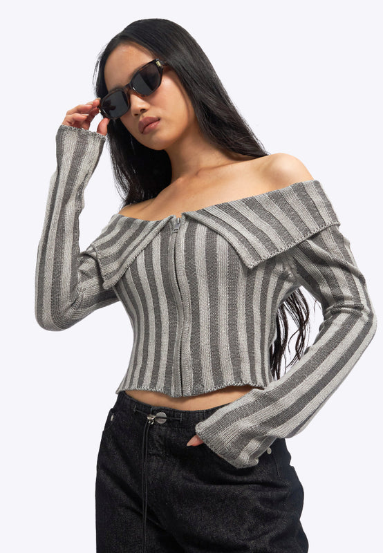 Off Shoulder Long Sleeve Textured Top