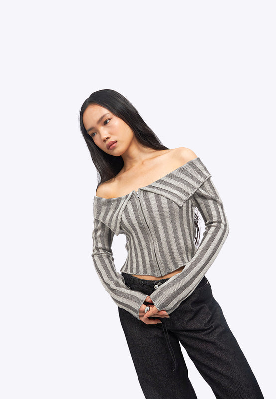 Off Shoulder Long Sleeve Textured Top