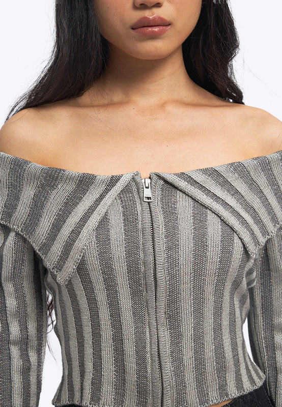 Off Shoulder Long Sleeve Textured Top
