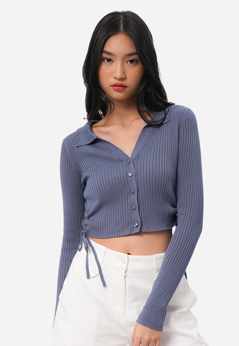 Side Ruched Long Sleeve Top Dusty Blue