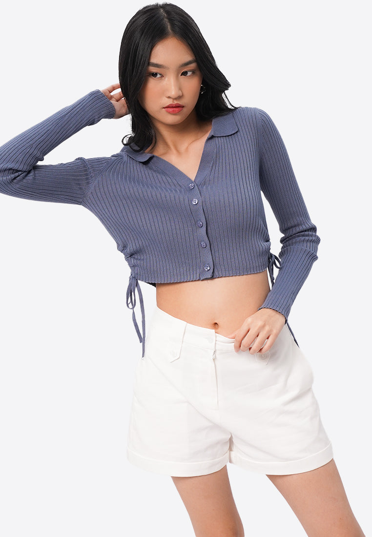 Side Ruched Long Sleeve Top Dusty Blue