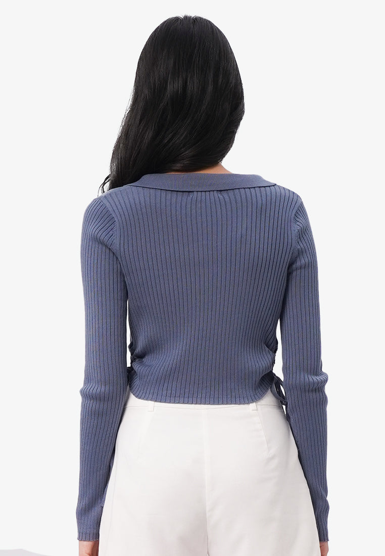 Side Ruched Long Sleeve Top Dusty Blue