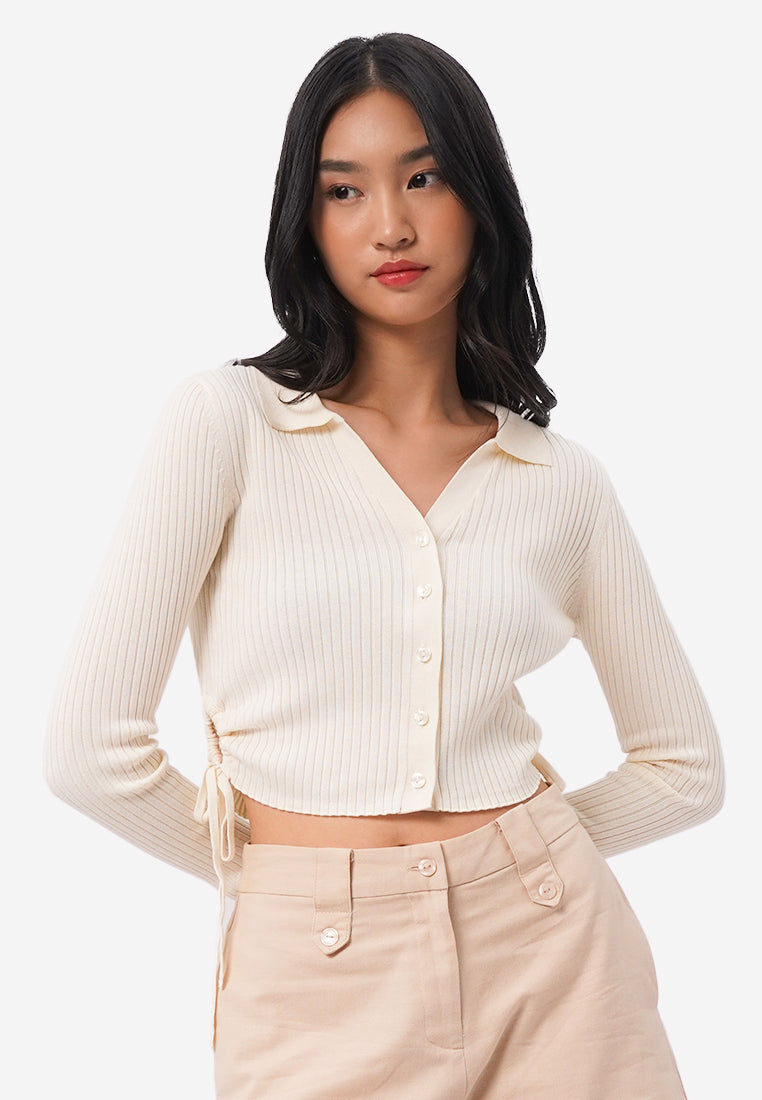 Side Ruched Long Sleeve Top Off White
