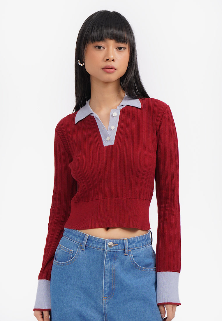 Contrast Color Long Sleeve Polo Top