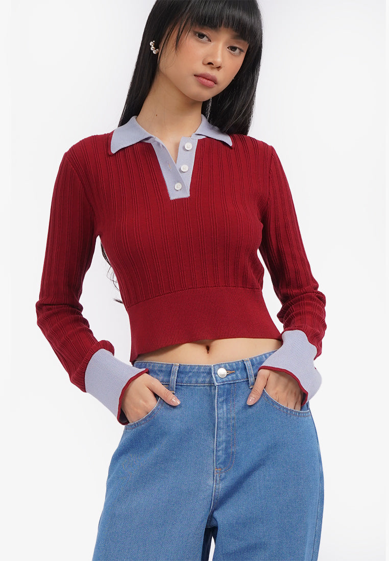 Contrast Color Long Sleeve Polo Top
