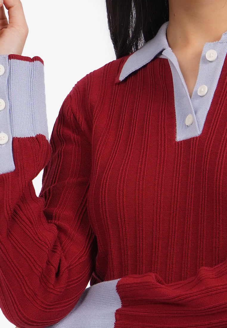 Contrast Color Long Sleeve Polo Top