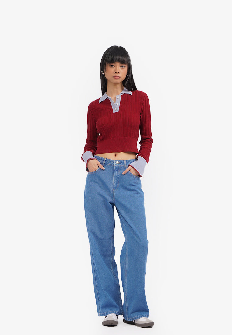 Contrast Color Long Sleeve Polo Top