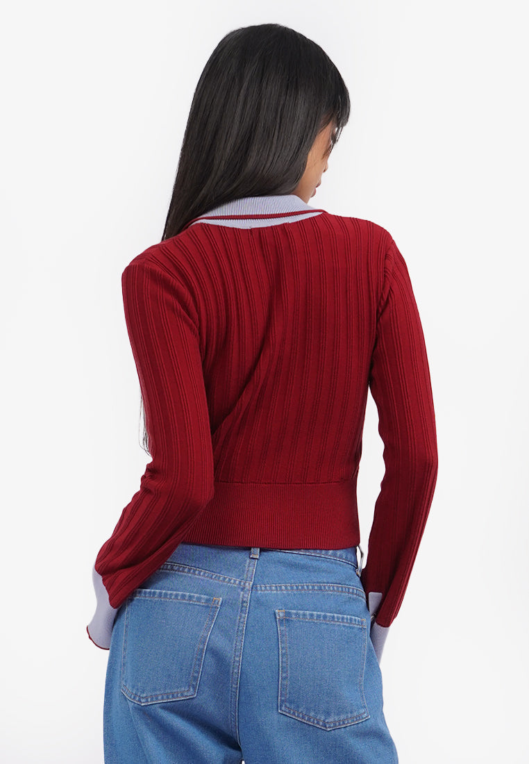Contrast Color Long Sleeve Polo Top