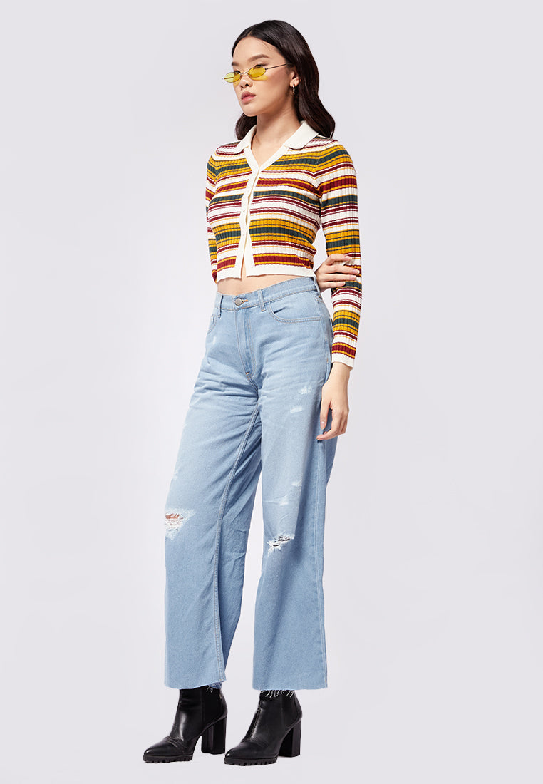 Striped Long Sleeve Polo Top