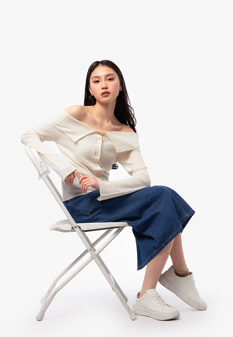 Boat Neck Button Up Long Sleeve Top