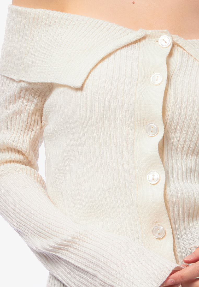 Boat Neck Button Up Long Sleeve Top