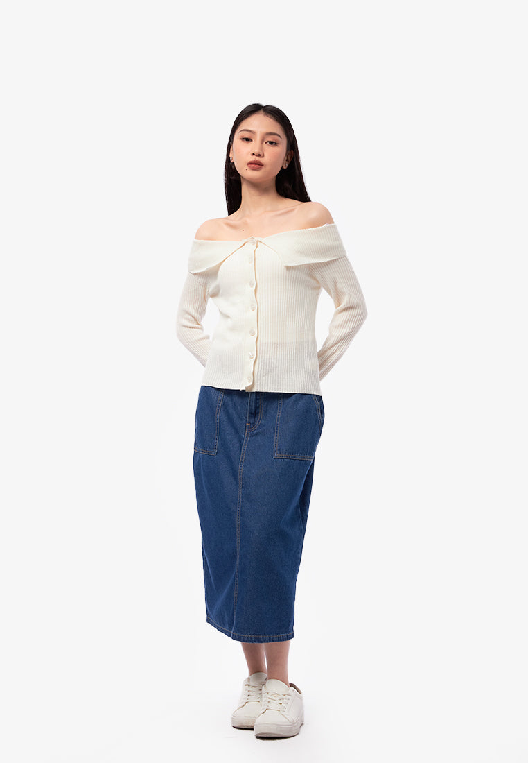Boat Neck Button Up Long Sleeve Top