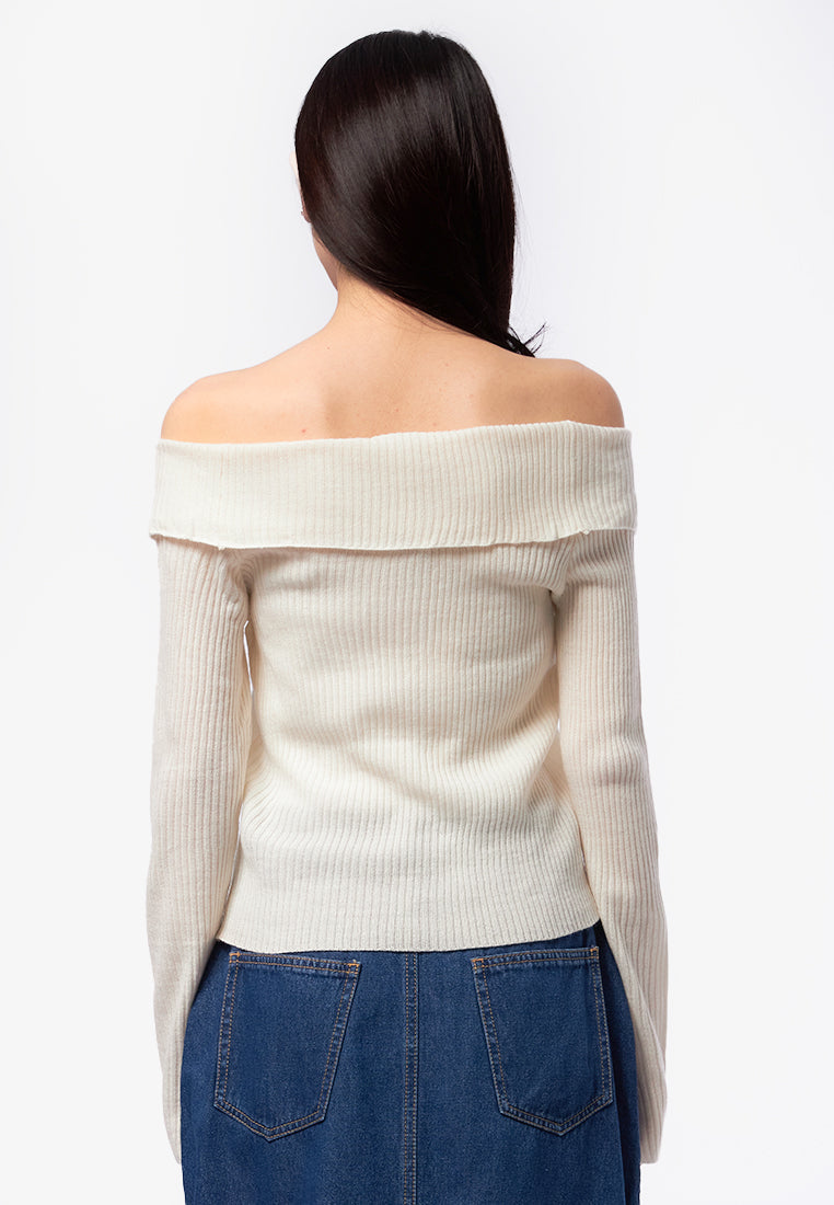 Boat Neck Button Up Long Sleeve Top
