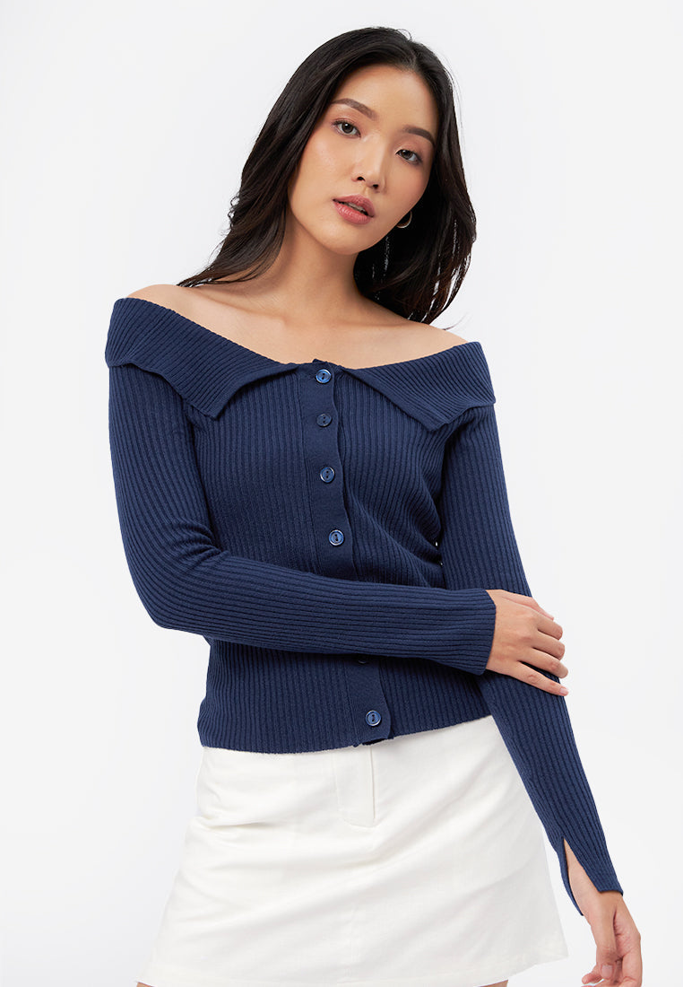 Button Up Long Sleeve Top Navy