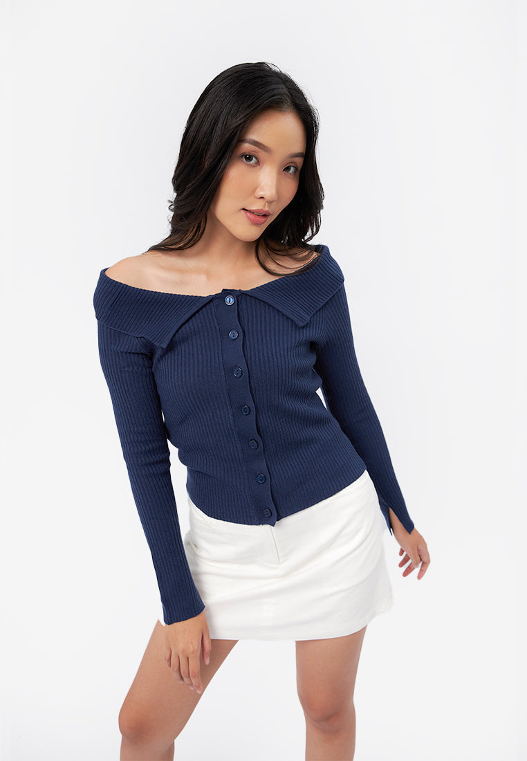Button Up Long Sleeve Top Navy