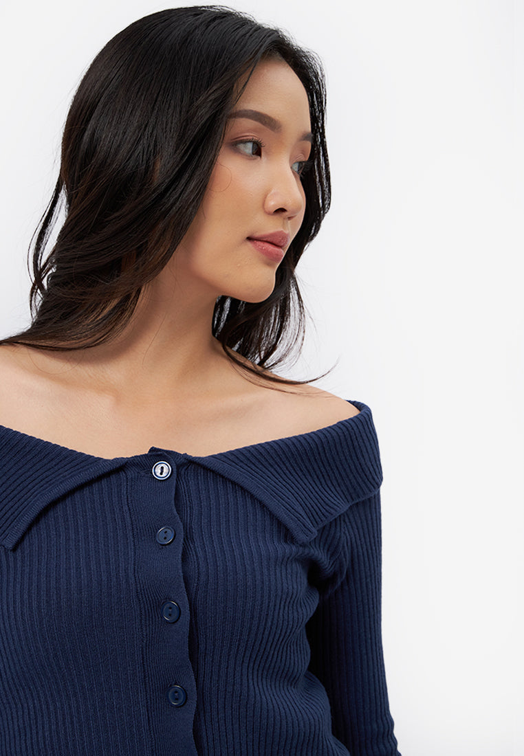 Button Up Long Sleeve Top Navy