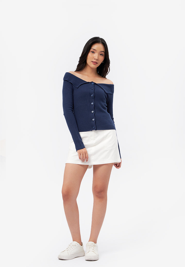Button Up Long Sleeve Top Navy