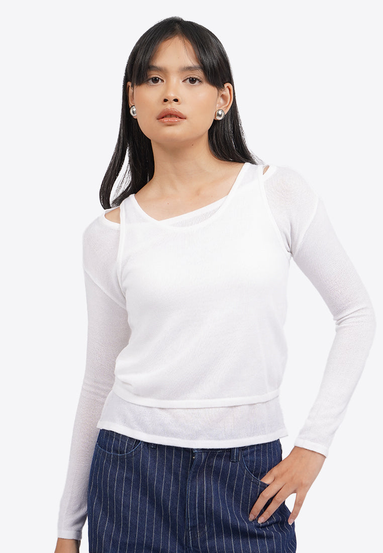 Double Layer Boat Neck Long Sleeve Top
