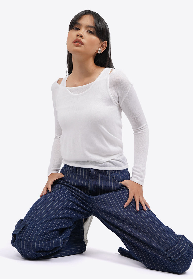 Double Layer Boat Neck Long Sleeve Top