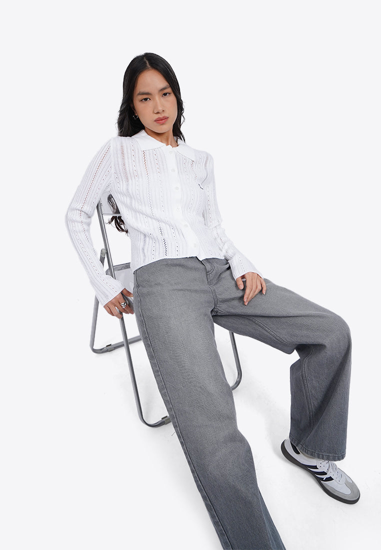 Button Up Embroidery Knit Top