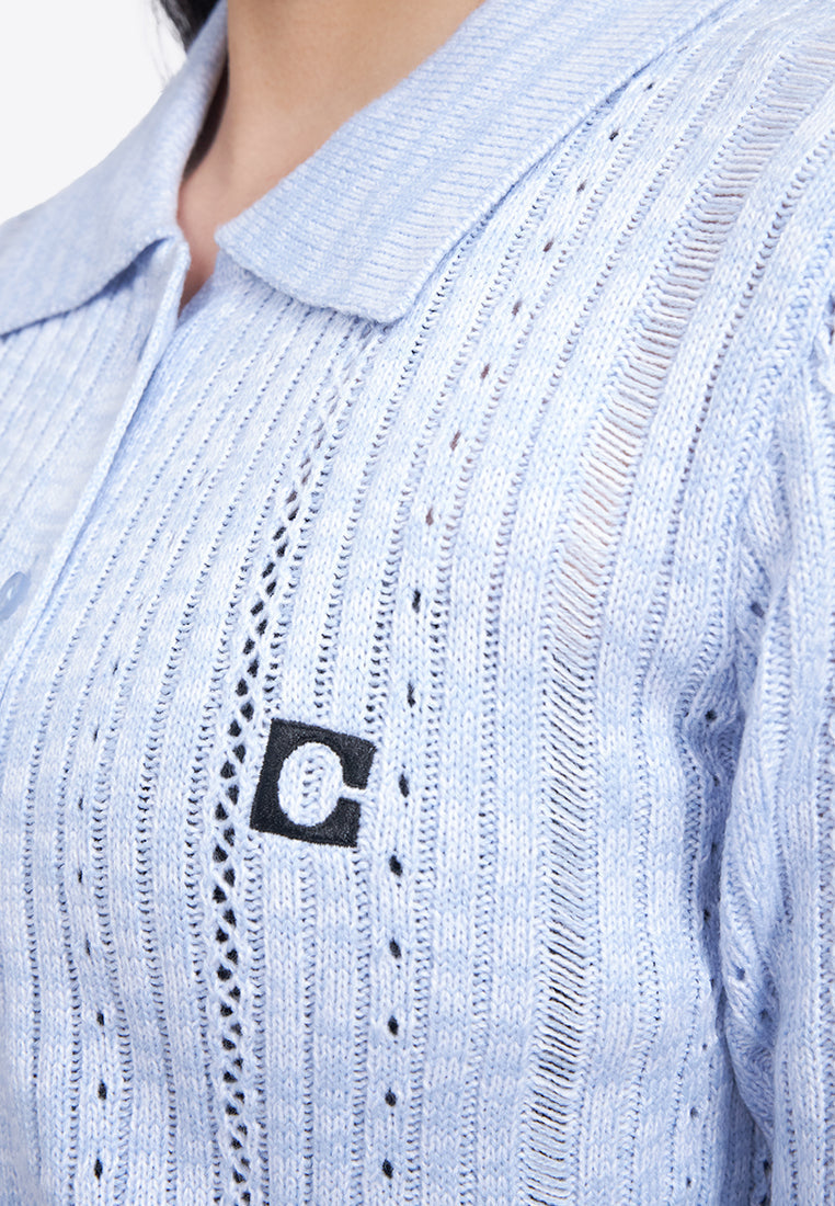 Button Up Embroidery Knit Top