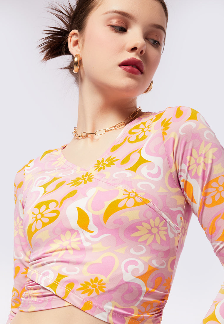 Printed Wrap Long Sleeve Top