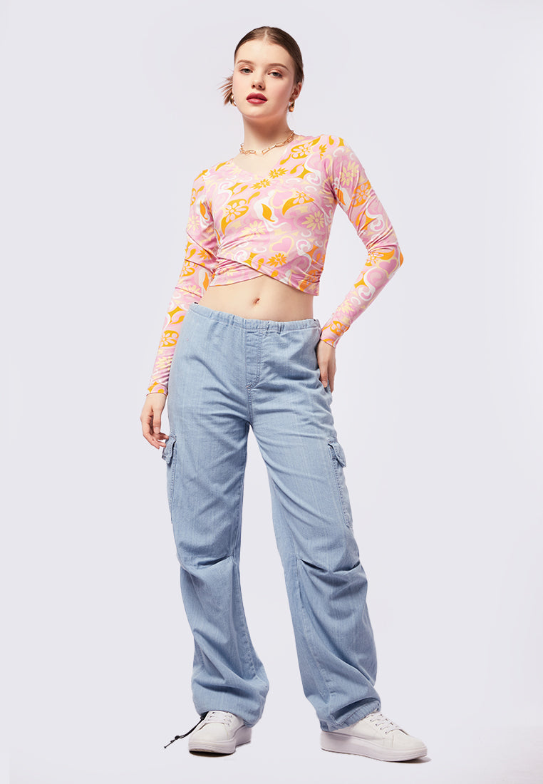 Printed Wrap Long Sleeve Top
