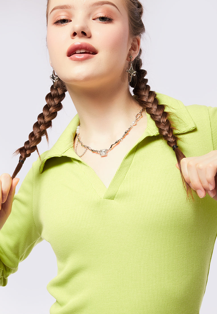 Ribbed Long Sleeve Polo Top