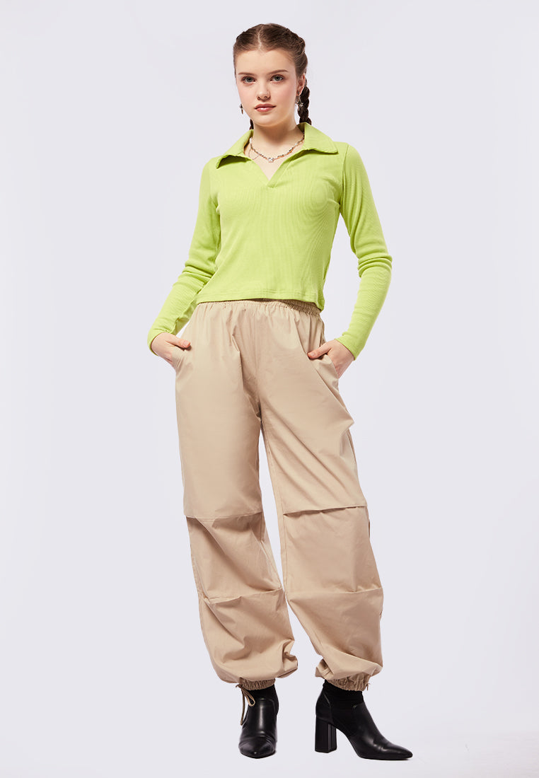 Ribbed Long Sleeve Polo Top
