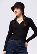 Ribbed Long Sleeve Polo Top