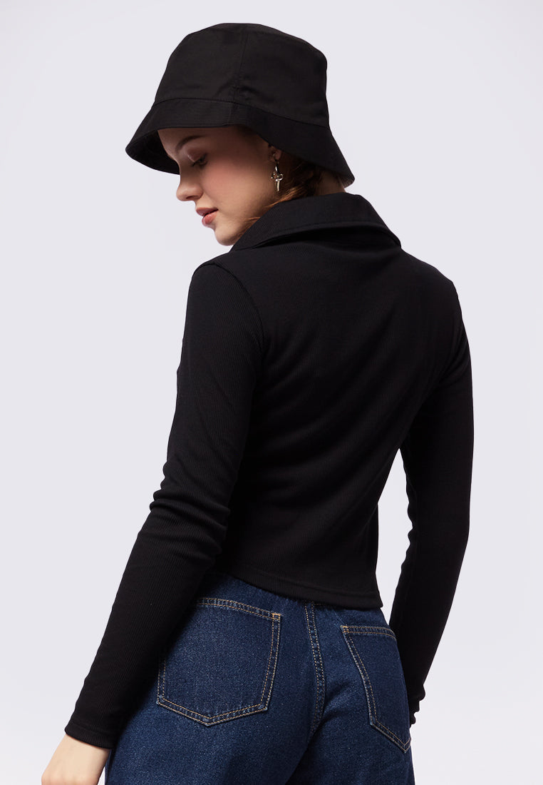 Ribbed Long Sleeve Polo Top