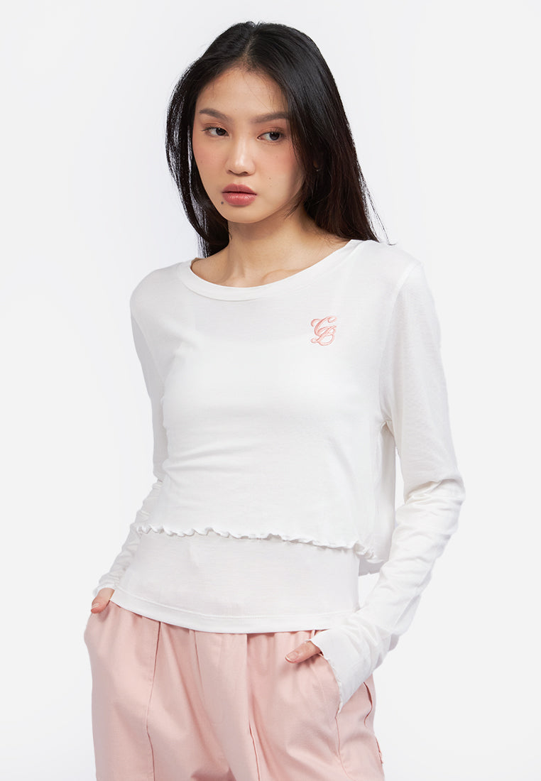 Double Layered Long Sleeve Crop Top Off White
