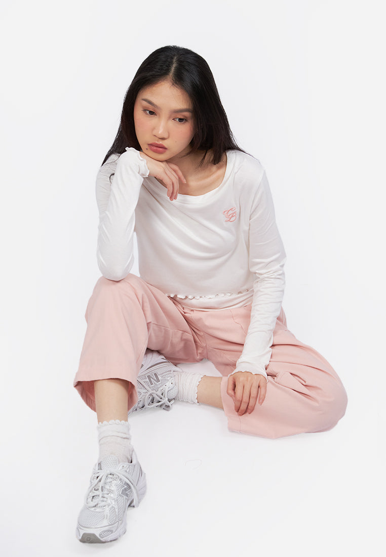 Double Layered Long Sleeve Crop Top Off White