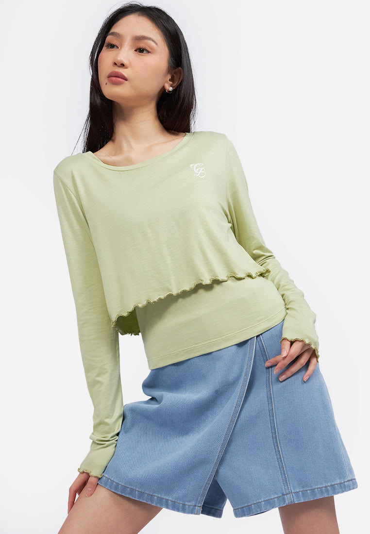 Double Layered Long Sleeve Crop Top Green