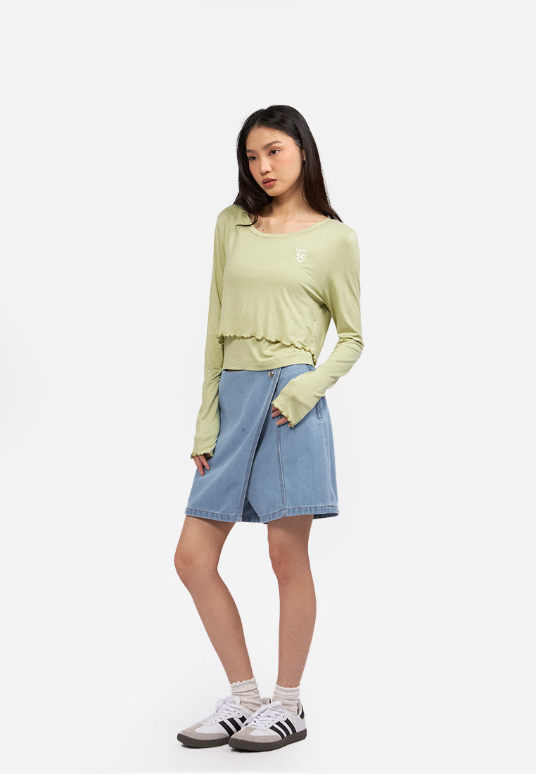 Double Layered Long Sleeve Crop Top Green