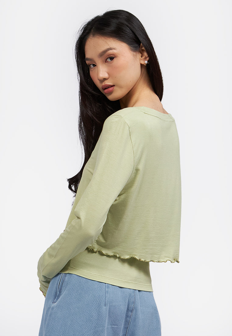 Double Layered Long Sleeve Crop Top Green