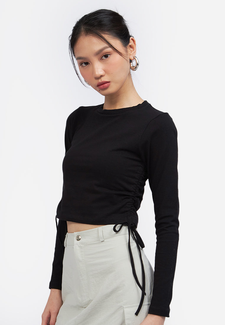 Side Drawstring Long Sleeve Top Black