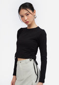 Side Drawstring Long Sleeve Top Black