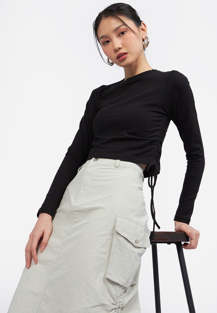 Side Drawstring Long Sleeve Top Black