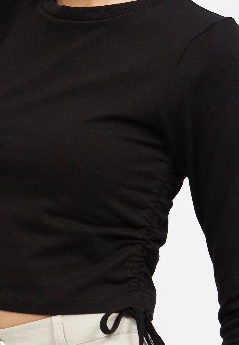 Side Drawstring Long Sleeve Top Black