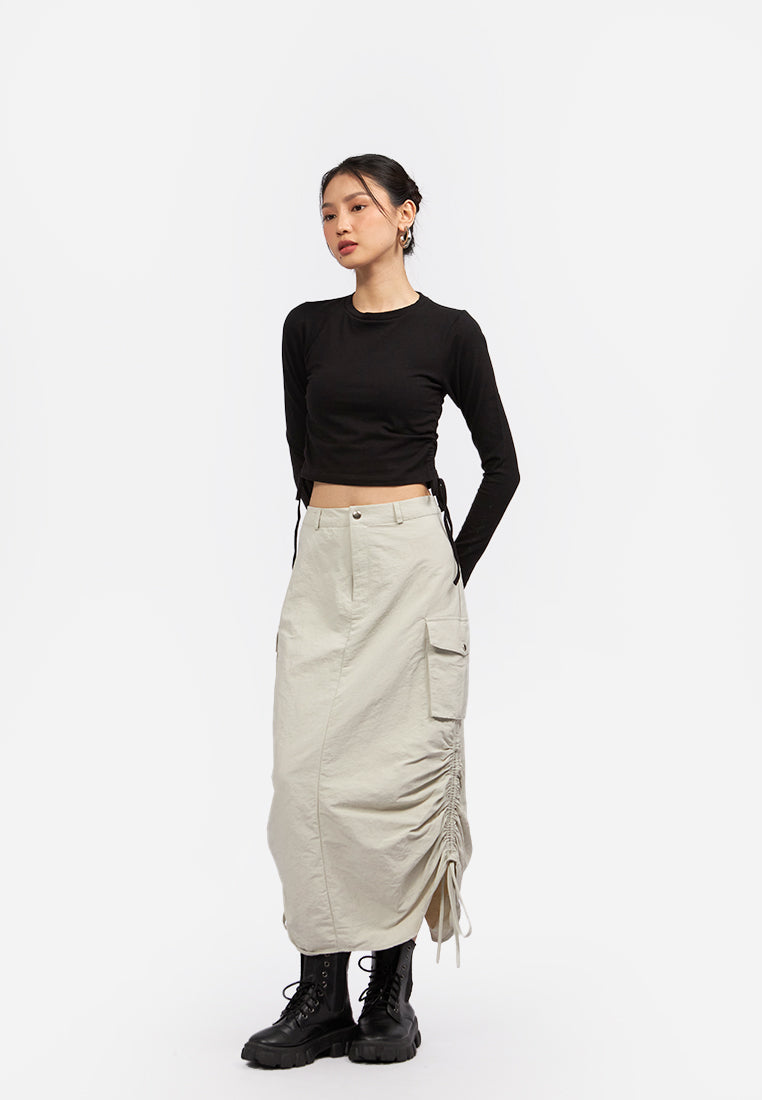 Side Drawstring Long Sleeve Top Black
