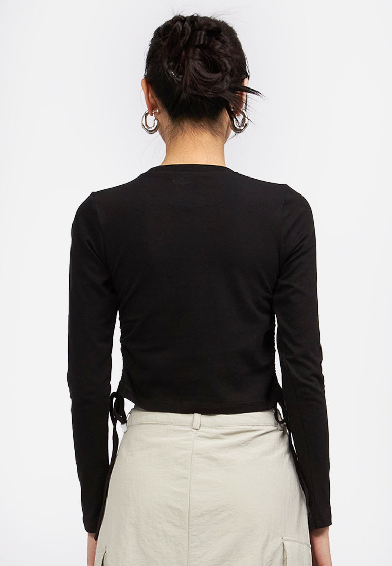 Side Drawstring Long Sleeve Top Black