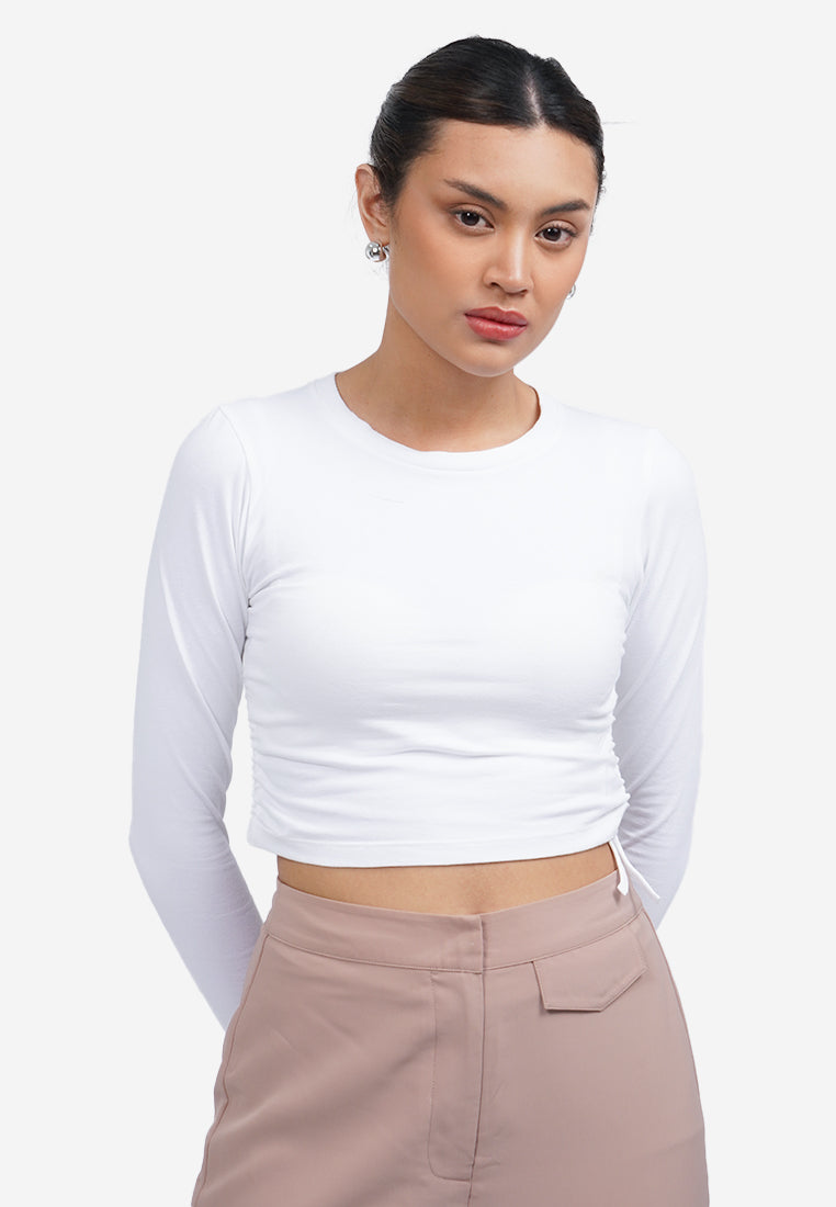 Side Drawstring Long Sleeve Top Off White