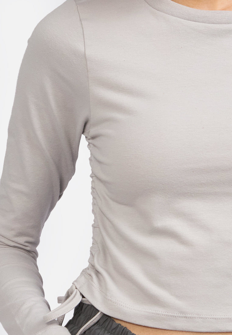 Side Drawstring Long Sleeve Top Grey