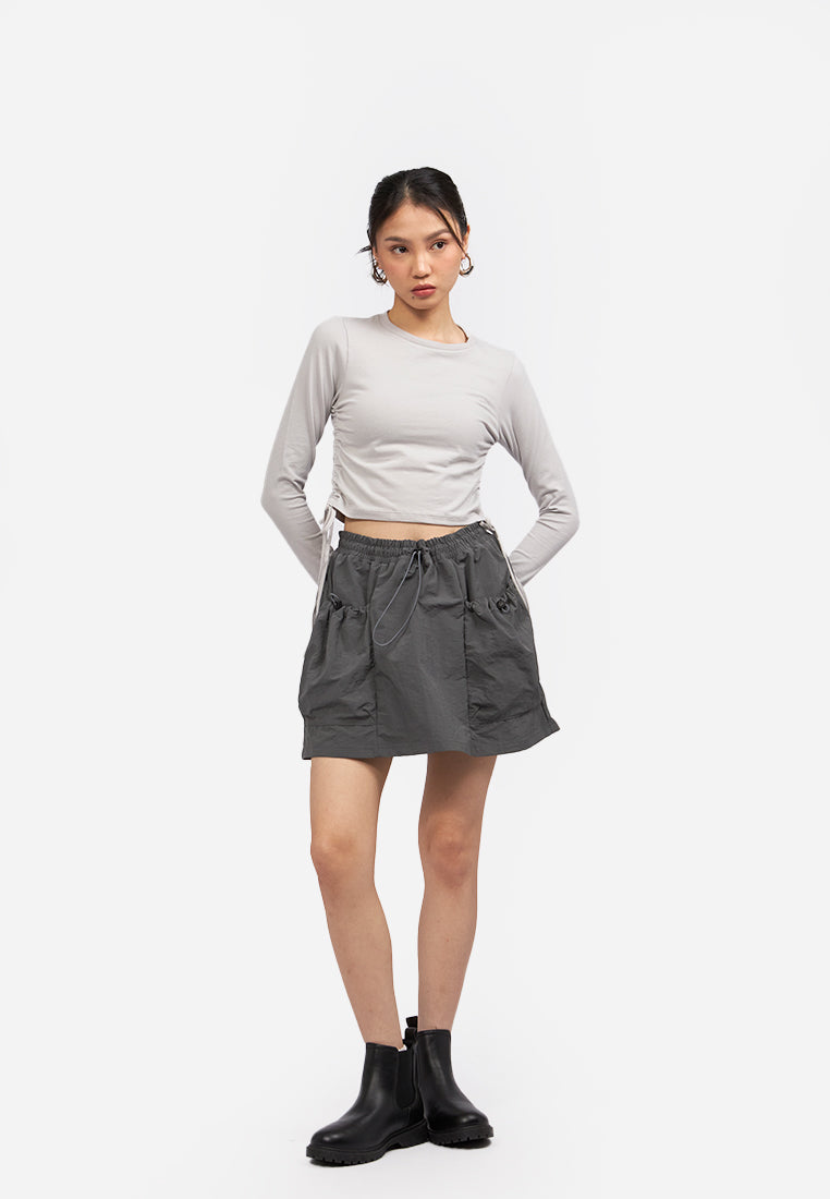 Side Drawstring Long Sleeve Top Grey