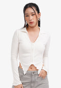 Lettuce Hem Long Sleeve Top Off White